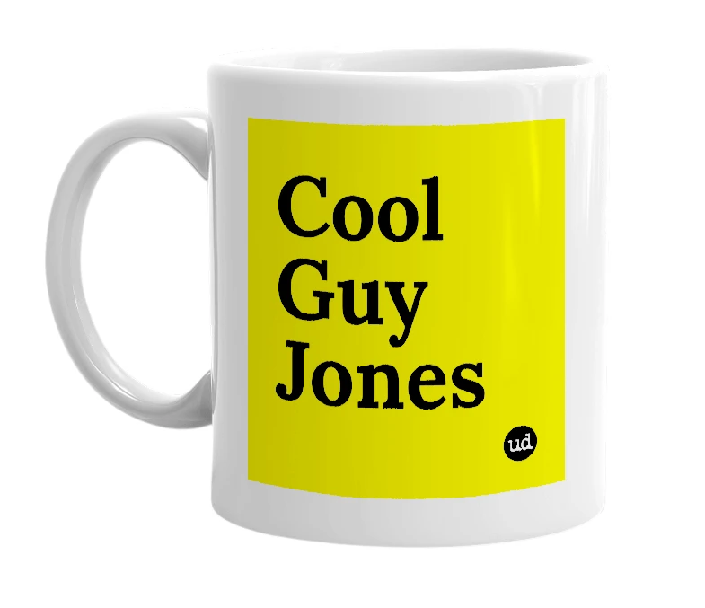White mug with 'Cool Guy Jones' in bold black letters