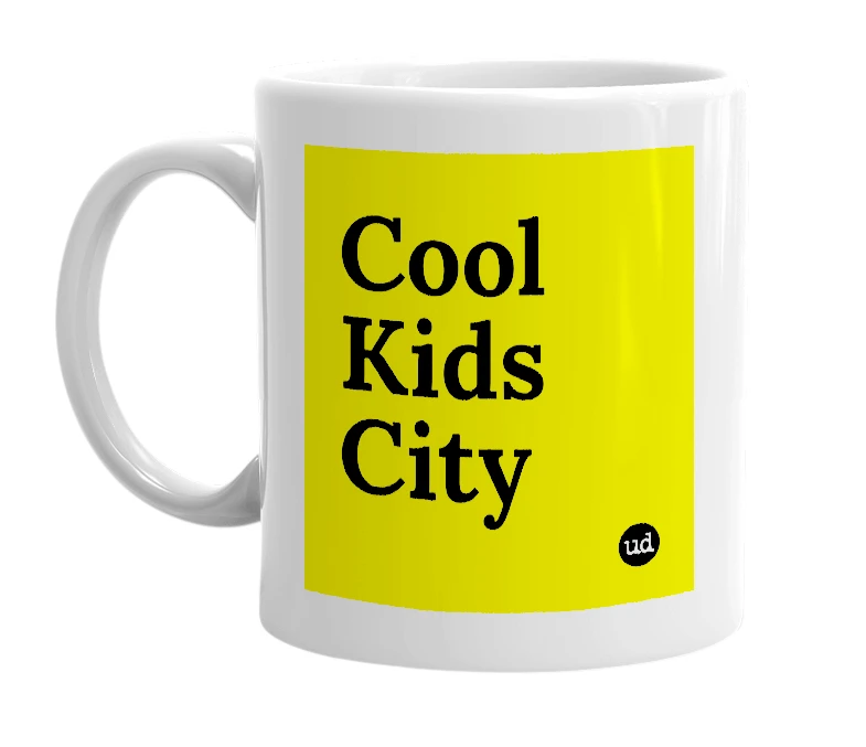 White mug with 'Cool Kids City' in bold black letters