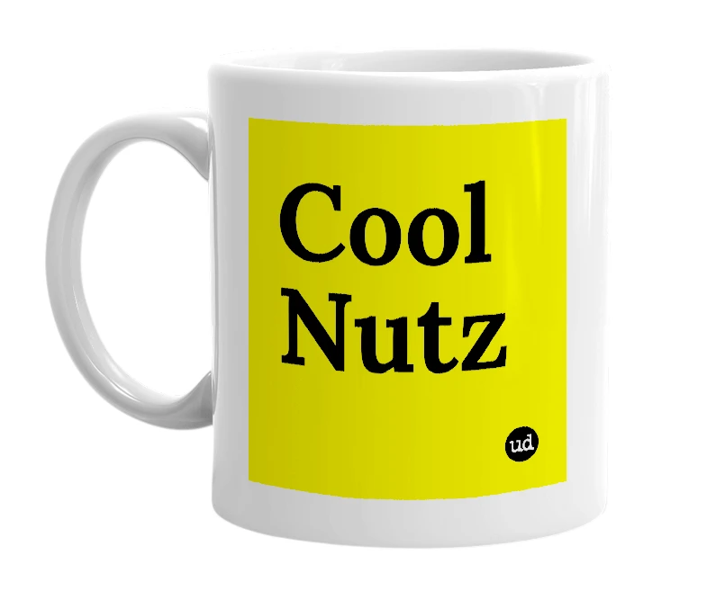 White mug with 'Cool Nutz' in bold black letters