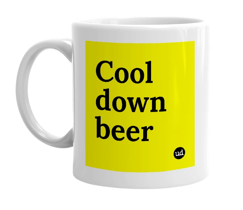 White mug with 'Cool down beer' in bold black letters