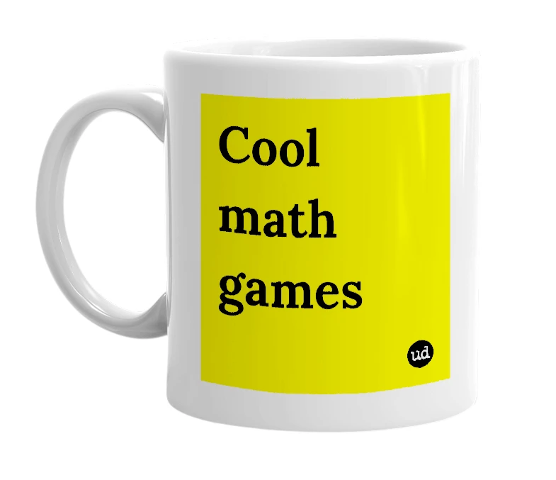 White mug with 'Cool math games' in bold black letters