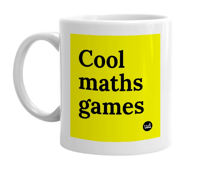 White mug with 'Cool maths games' in bold black letters