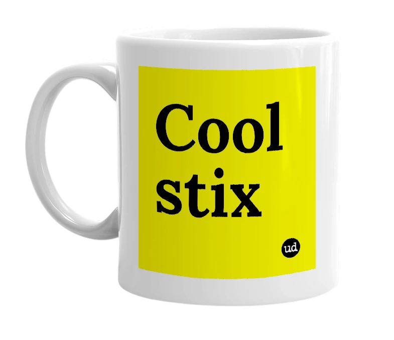 White mug with 'Cool stix' in bold black letters