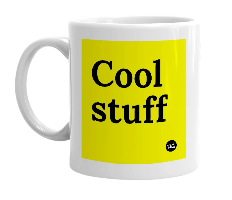 White mug with 'Cool stuff' in bold black letters