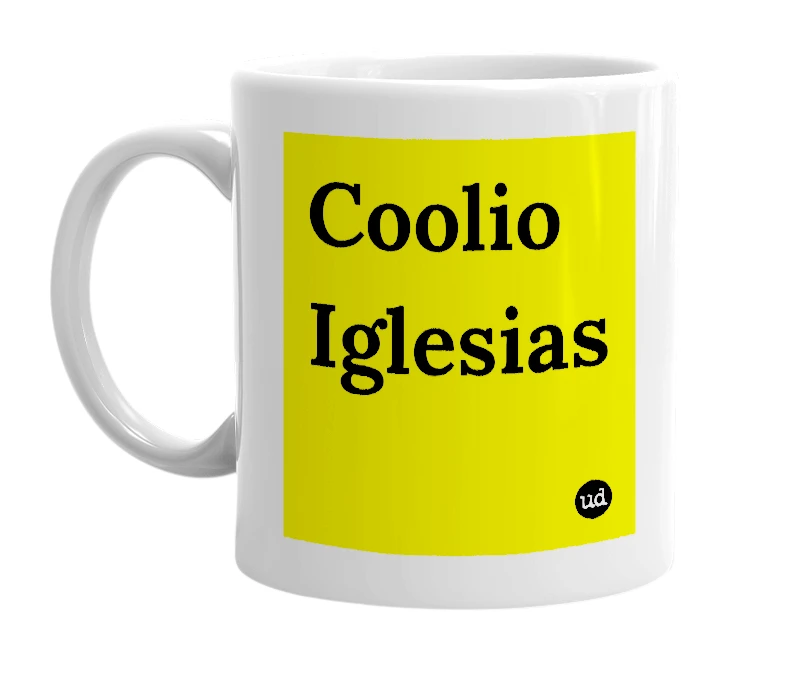 White mug with 'Coolio Iglesias' in bold black letters