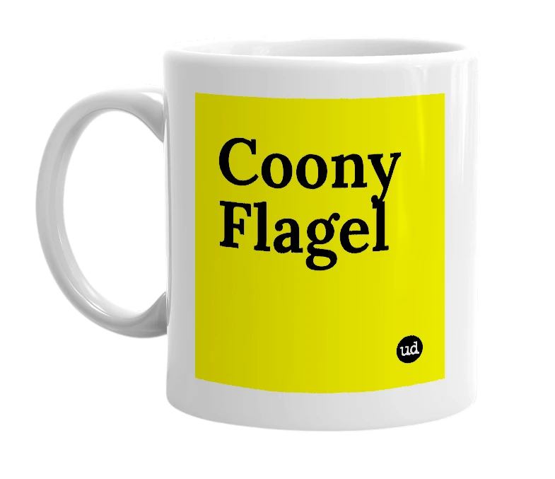 White mug with 'Coony Flagel' in bold black letters