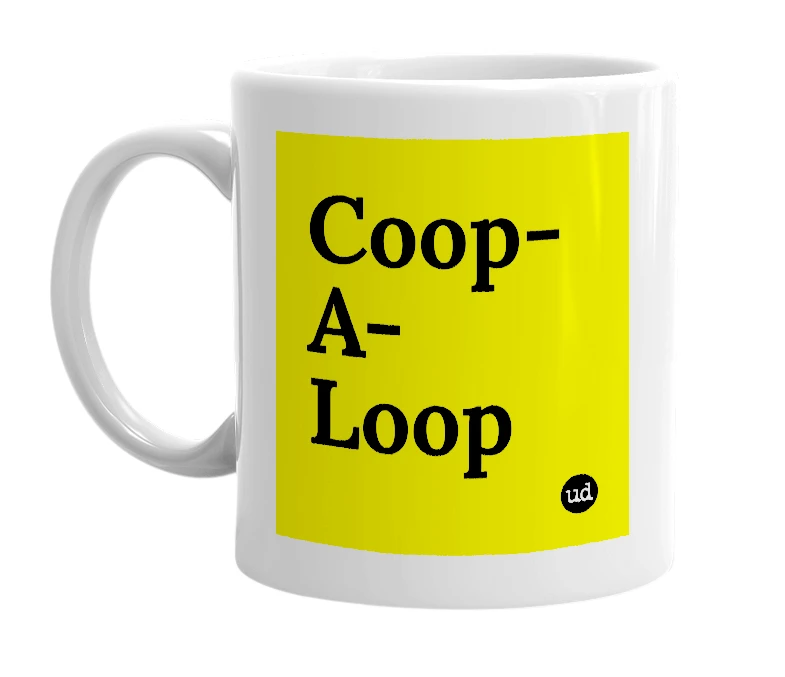 White mug with 'Coop-A-Loop' in bold black letters