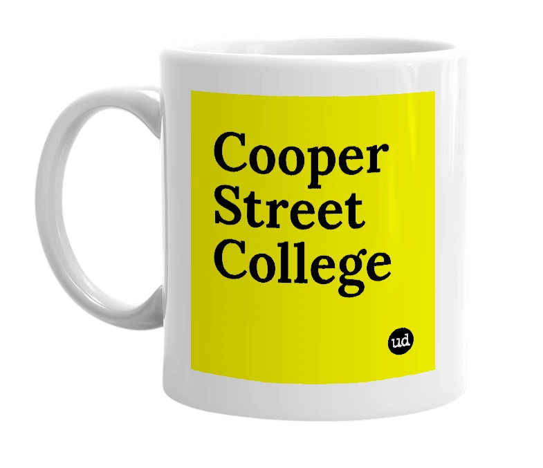 White mug with 'Cooper Street College' in bold black letters