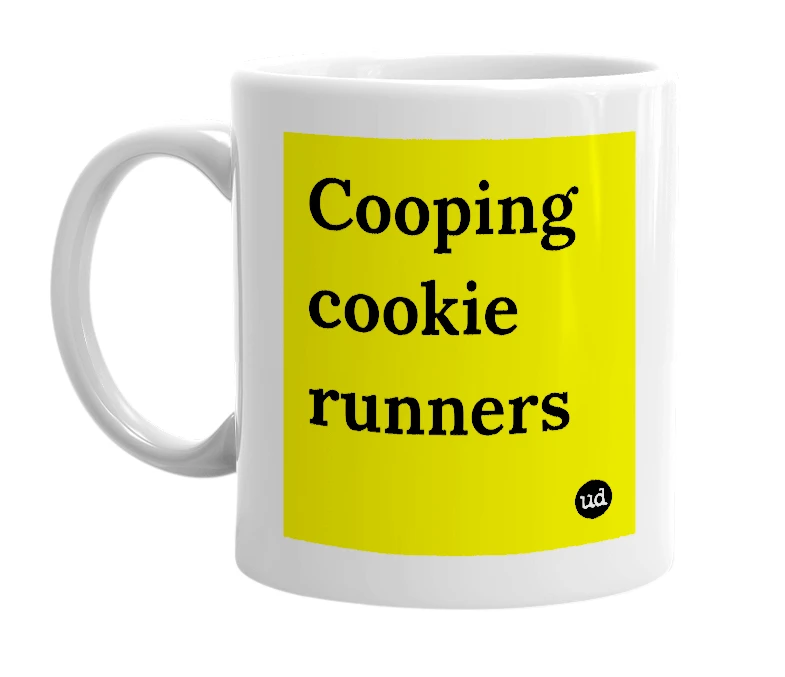 White mug with 'Cooping cookie runners' in bold black letters