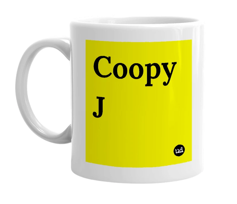 White mug with 'Coopy J' in bold black letters