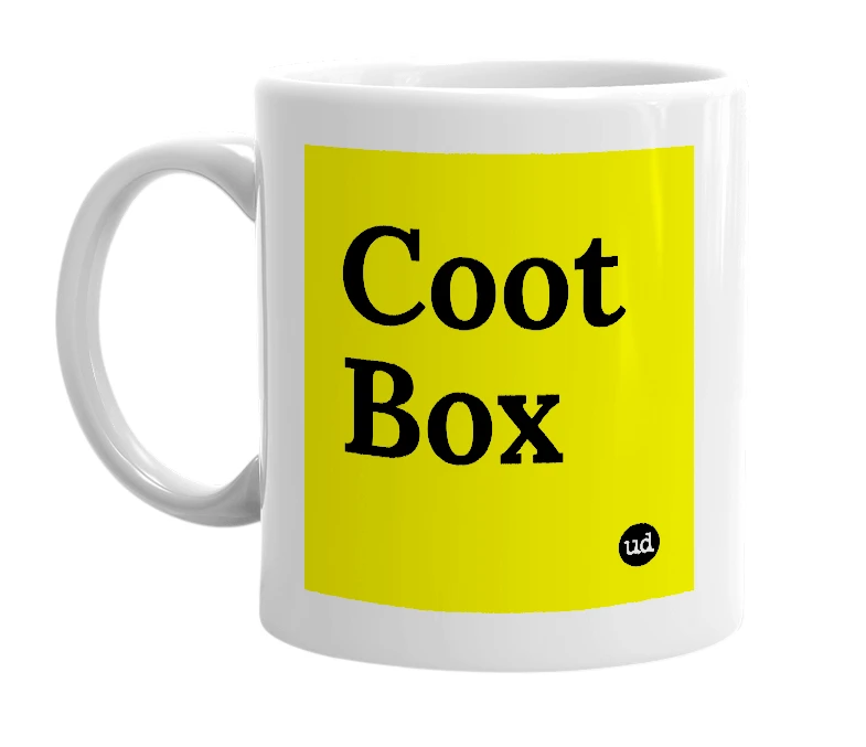 White mug with 'Coot Box' in bold black letters