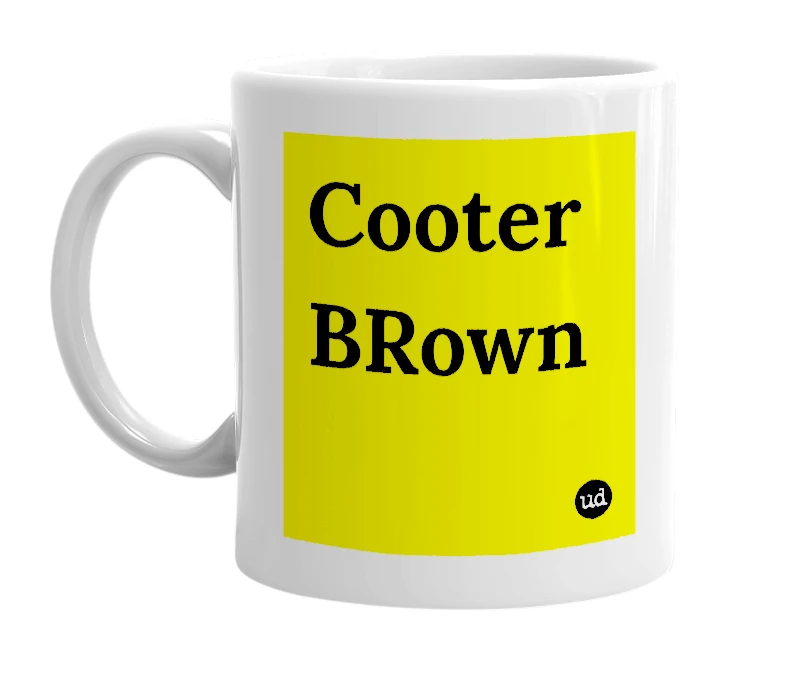 White mug with 'Cooter BRown' in bold black letters