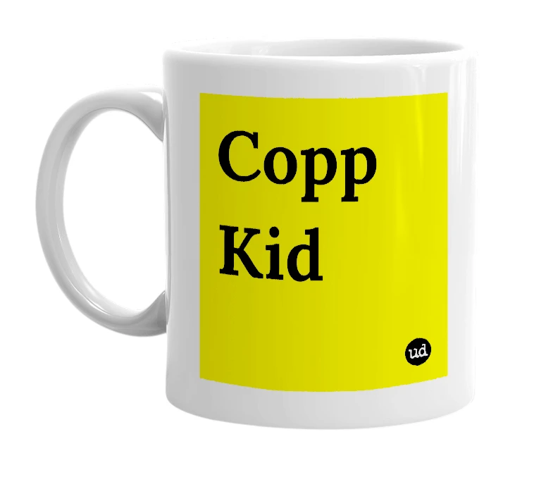 White mug with 'Copp Kid' in bold black letters