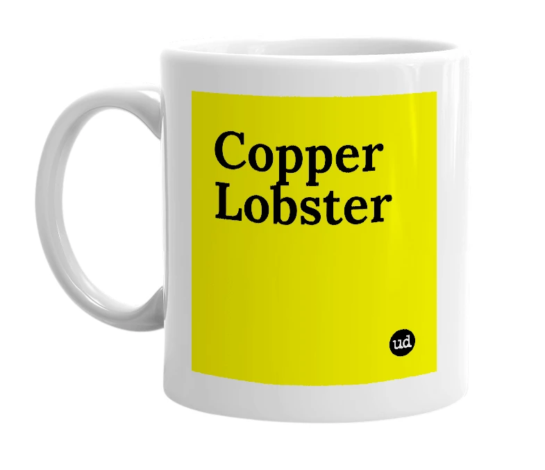 White mug with 'Copper Lobster' in bold black letters