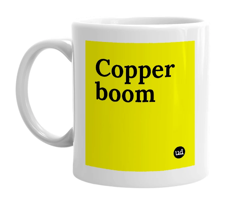 White mug with 'Copper boom' in bold black letters