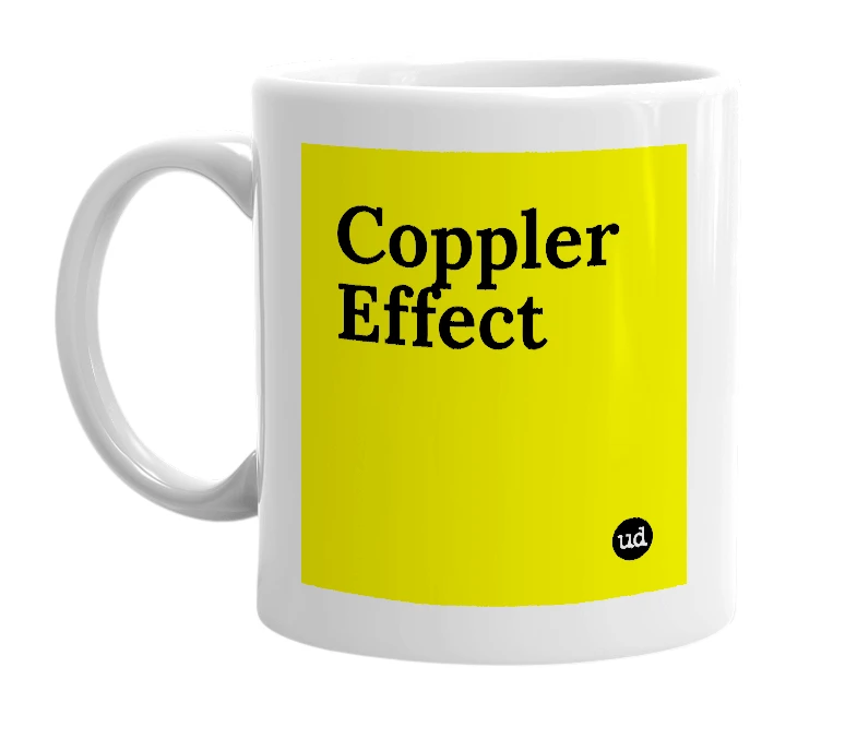 White mug with 'Coppler Effect' in bold black letters