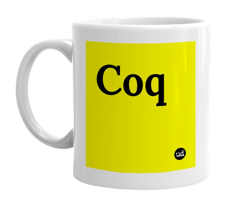 White mug with 'Coq' in bold black letters