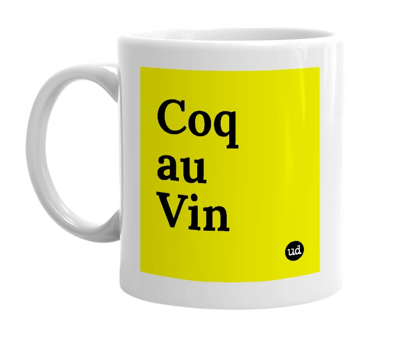 White mug with 'Coq au Vin' in bold black letters