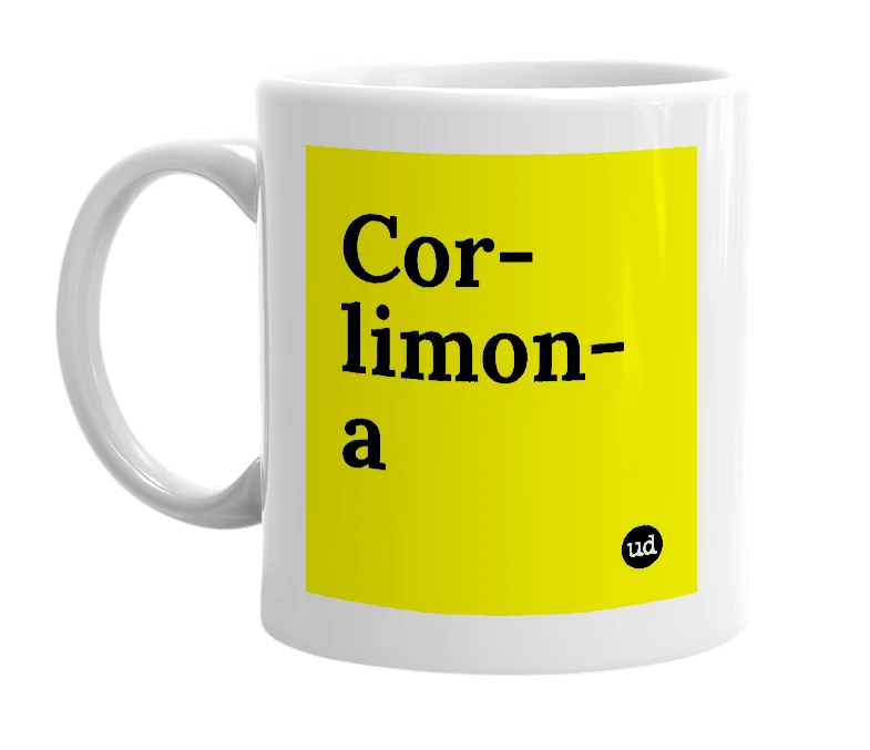 White mug with 'Cor-limon-a' in bold black letters