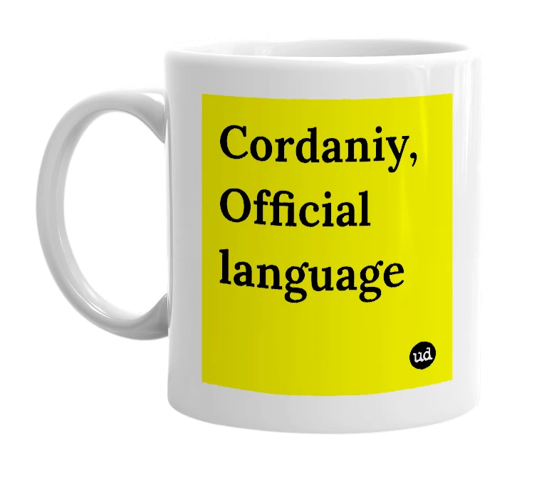 White mug with 'Cordaniy, Official language' in bold black letters