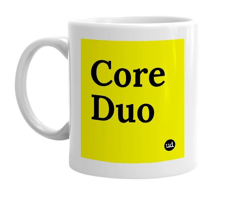 White mug with 'Core Duo' in bold black letters