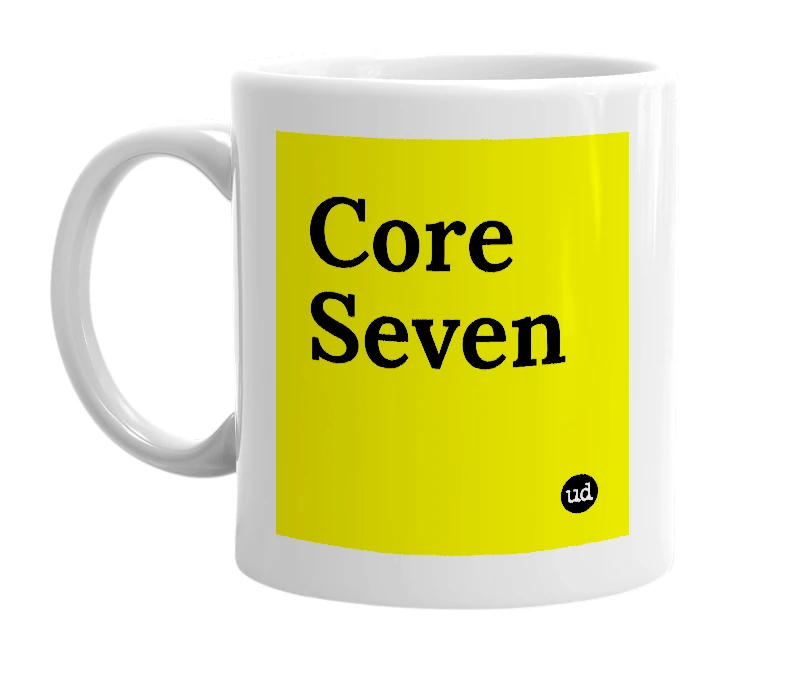 White mug with 'Core Seven' in bold black letters