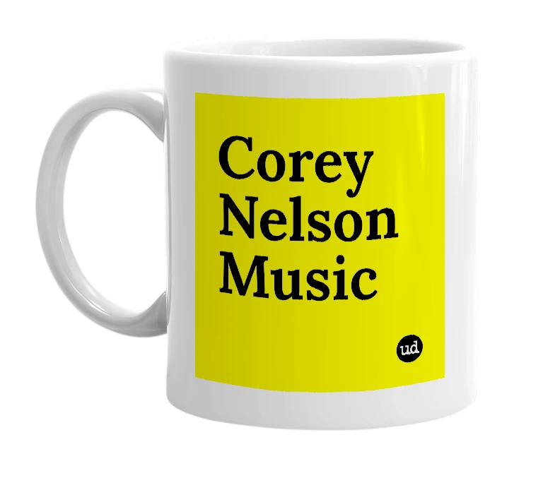 White mug with 'Corey Nelson Music' in bold black letters