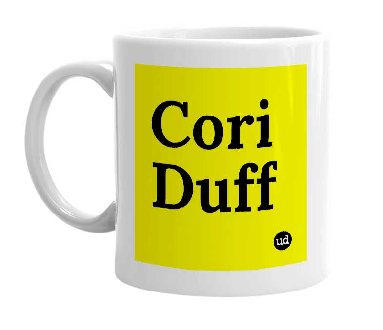 White mug with 'Cori Duff' in bold black letters