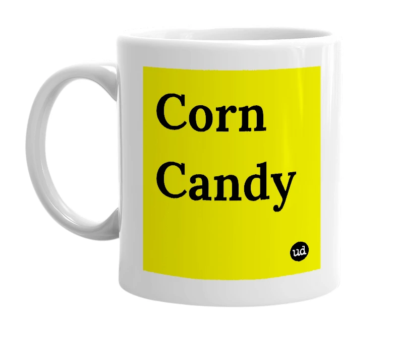 White mug with 'Corn Candy' in bold black letters