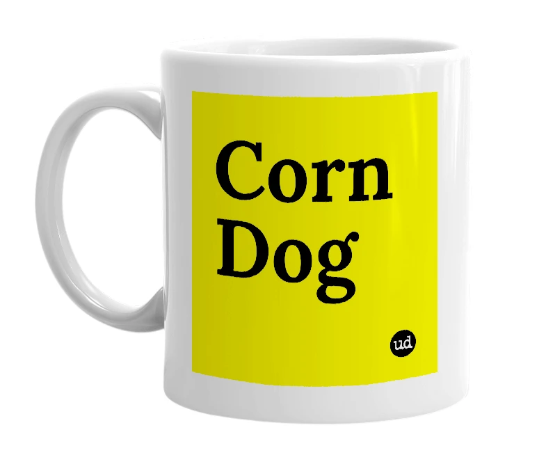 White mug with 'Corn Dog' in bold black letters