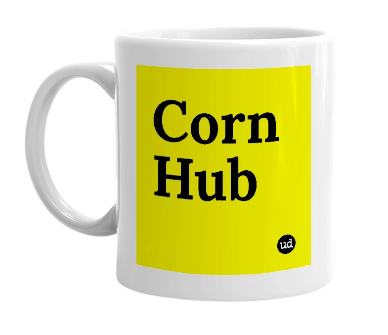 White mug with 'Corn Hub' in bold black letters