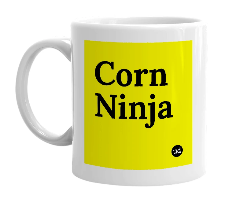 White mug with 'Corn Ninja' in bold black letters