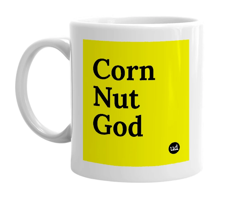 White mug with 'Corn Nut God' in bold black letters