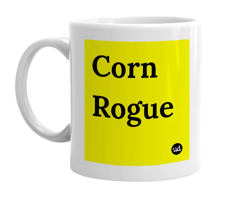 White mug with 'Corn Rogue' in bold black letters