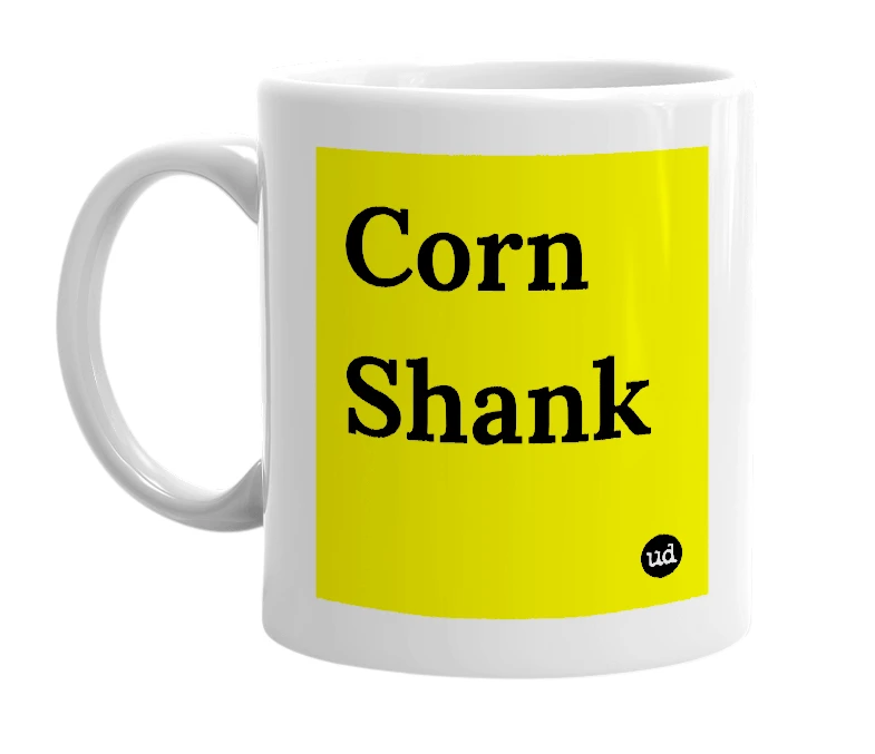 White mug with 'Corn Shank' in bold black letters