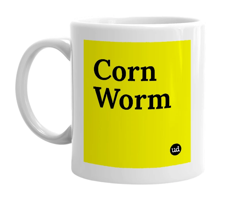 White mug with 'Corn Worm' in bold black letters