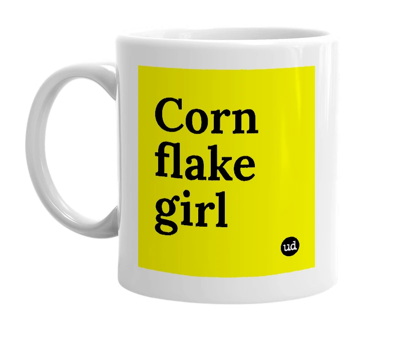 White mug with 'Corn flake girl' in bold black letters