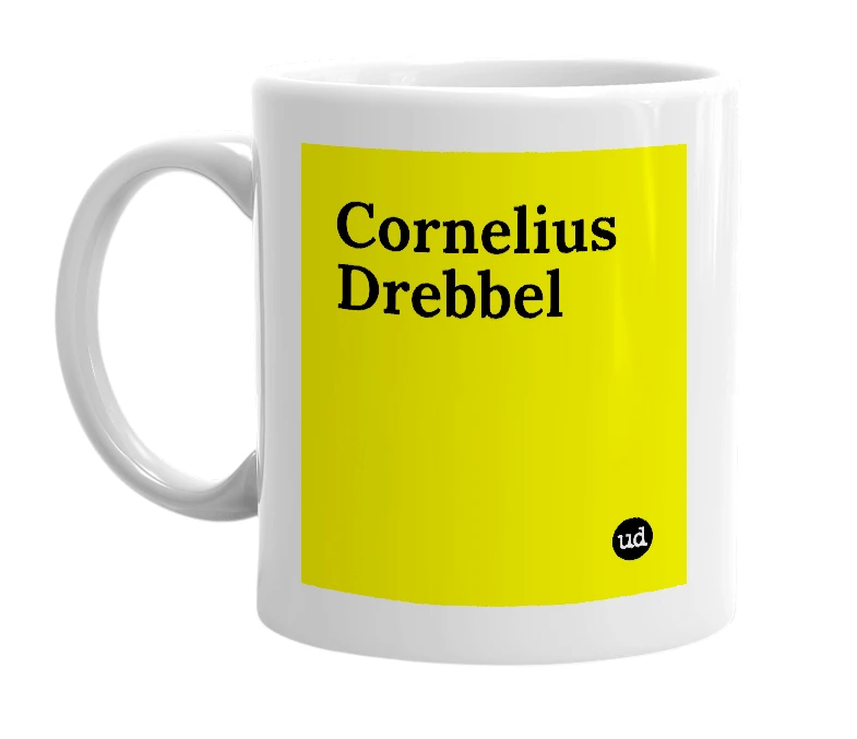 White mug with 'Cornelius Drebbel' in bold black letters