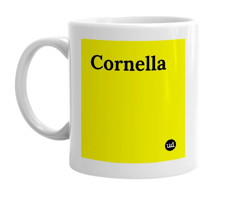White mug with 'Cornella' in bold black letters