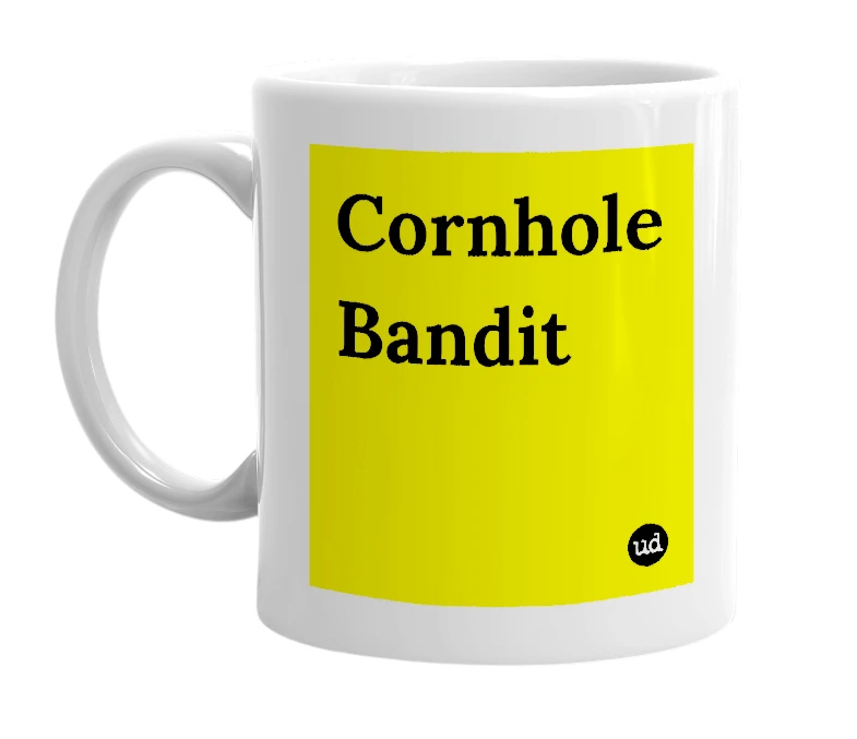 White mug with 'Cornhole Bandit' in bold black letters