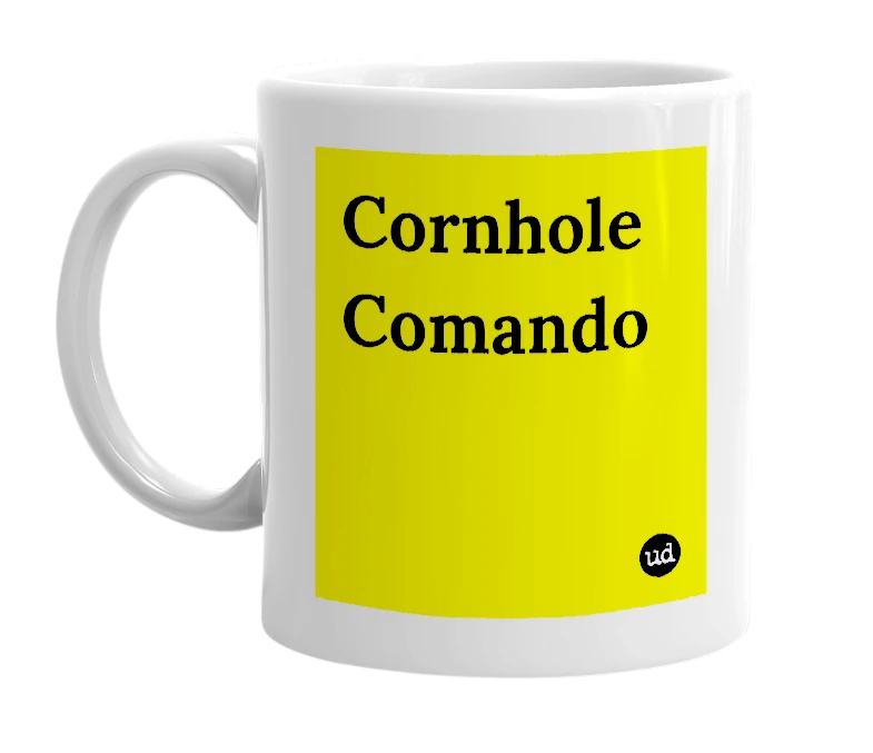 White mug with 'Cornhole Comando' in bold black letters