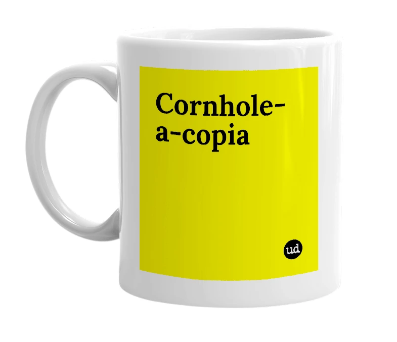 White mug with 'Cornhole-a-copia' in bold black letters