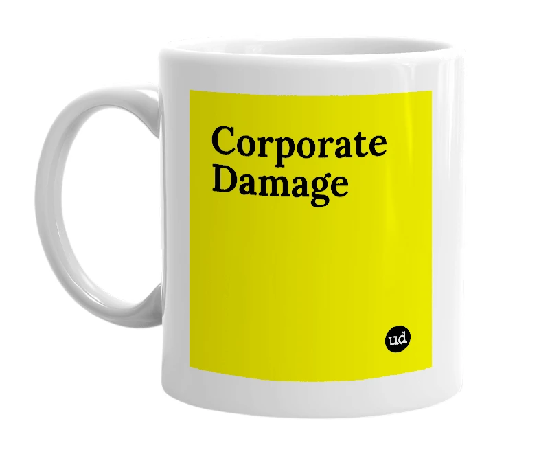 White mug with 'Corporate Damage' in bold black letters