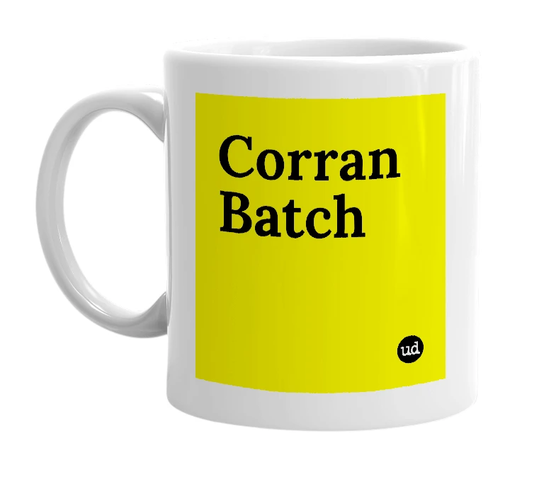 White mug with 'Corran Batch' in bold black letters