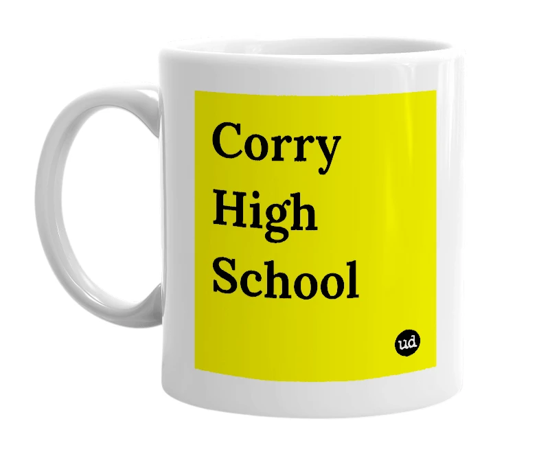 White mug with 'Corry High School' in bold black letters