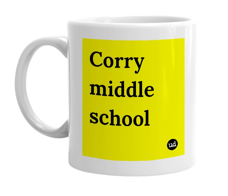 White mug with 'Corry middle school' in bold black letters