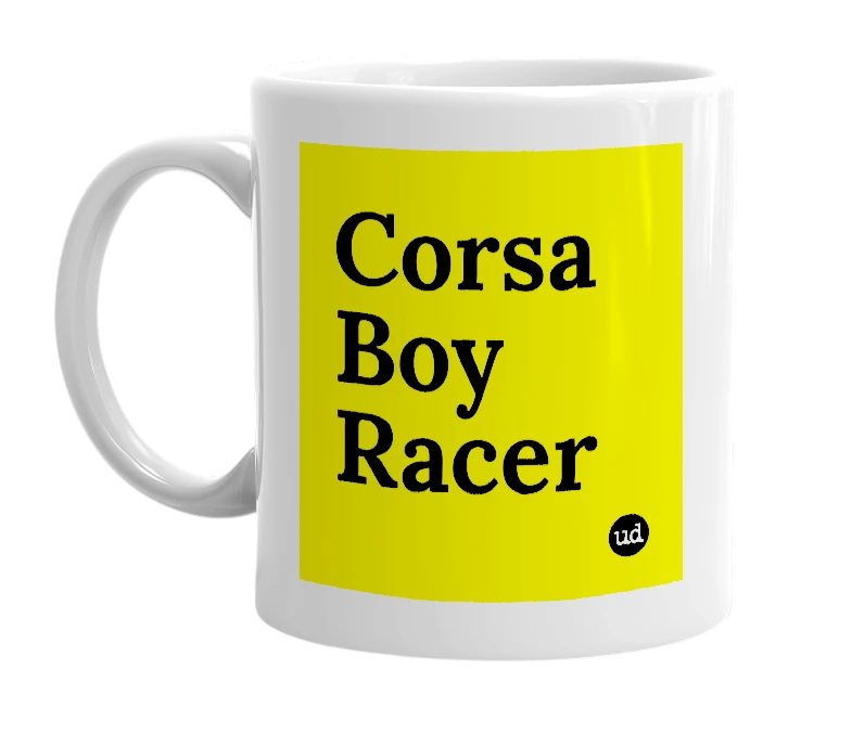 White mug with 'Corsa Boy Racer' in bold black letters