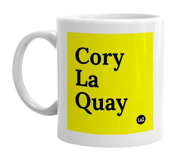 White mug with 'Cory La Quay' in bold black letters