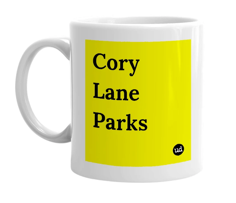 White mug with 'Cory Lane Parks' in bold black letters
