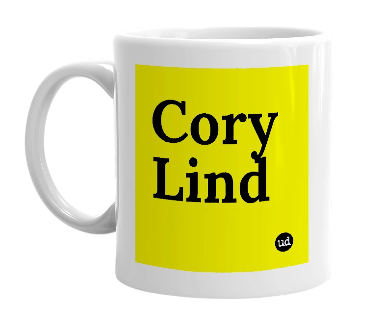 White mug with 'Cory Lind' in bold black letters